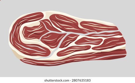Detailed top view illustration of a raw marbleized beef steak with fat veins on a neutral gray background.