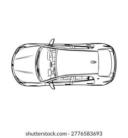 A detailed top-down outline drawing of a modern car, showcasing its sleek design and basic structure. This minimalist line art illustration provides a clear view of an automobile from above.