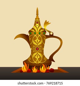 Detailed Traditional Arabian Coffee Brewing with Patterned Antique Dallah Coffee Pot on Fire Vector Illustration for Cafe and Middle Eastern Culture Related Design