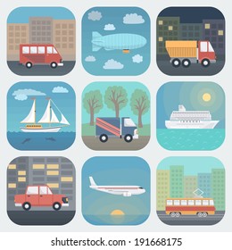 Detailed Transport App Icons Set in Trendy Flat Style