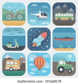 Detailed Transport App Icons Set in Trendy Flat Style