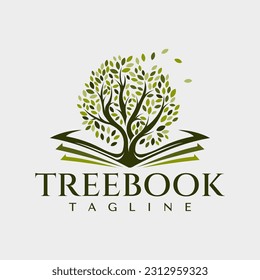 Detailed tree book logo design vector. Green education nature brand template.