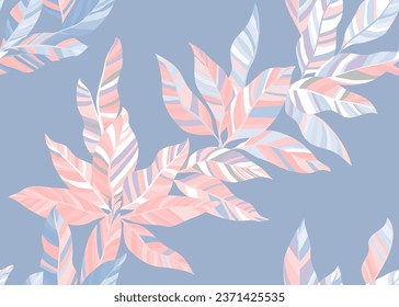 Detailed tree foliage repeat pattern vector. Trendy floral summer dress cloth print. Hawaiian bush branch leafage endless pattern. Tropical plant elements.