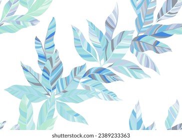 Detailed tree leaves repeat wallpaper vector. Lush organic summer dress textile print. Hawaiian shrub branch leafage endless pattern. Nature elements background.