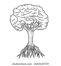 Detailed tree with roots outline hand drawn of a big tree with growth roots and leaves. Forest element doodle
