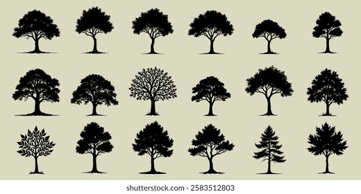 detailed tree silhouette collection, hand-drawn nature tree vector pack, botanical trees in sketch style