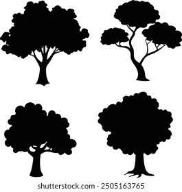 Detalladas siluetas de árboles de varios árboles sobre fondo blanco. Siluetas de árbol detalladas. conjunto de árbol de silueta.