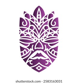 Detailed tribal mask design in purple, featuring symmetrical geometric and ornamental patterns. Ideal for cultural, artistic, or branding uses. Intricate purple tribal mask with decorative patterns