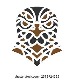 Detailed tribal owl tattoo design with bold geometric patterns in black and brown, symbolizing wisdom, intuition, and spiritual power. Tribal Owl Tattoo with Intricate Geometric Patterns