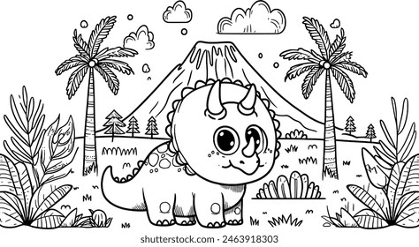 Detailed Triceratops coloring book page for kids and adults. Perfect for dinosaur enthusiasts to enjoy and relax while bringing this majestic creature to life with vibrant colors