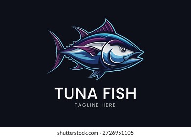 Pescado de atún detallado saltando con tonos azules profundos y púrpuras Vector logo Plantilla