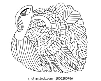 Detailed turkey bird vector coloring page for kids. Happy thanksgivin day printable horizontal worksheet. Traditional american fall season holiday turkey bird colouring.