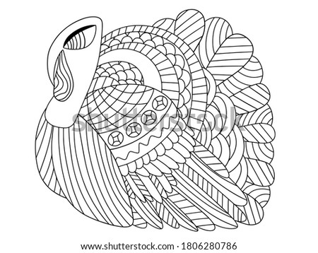 Detailed turkey bird vector coloring page for kids. Happy thanksgivin day printable horizontal worksheet. Traditional american fall season holiday turkey bird colouring.