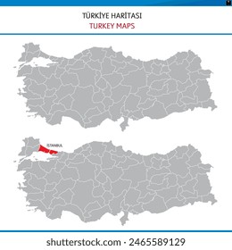 Mapa detallado de Turquía con los límites de la ciudad dibujados Ilustración vectorial, Ilustración vectorial.