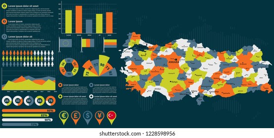 Detailed Turkey map with infographic elements. Vector illustration.