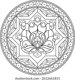 Detailed Turkish traditional floral motifs black outline mandala. Decoration and coloring page isolated element