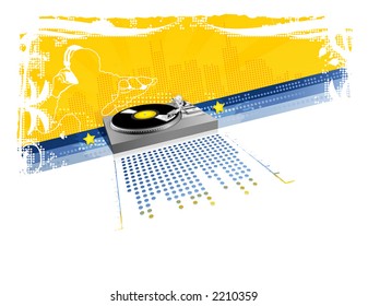 Detailed turntable background. Separable elements: turntable, city, equalizer, ornamental border...