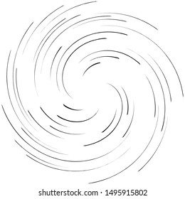 Detailed twirl, spiral element. Whirlpool, whirligig effect. Circular, rotating burst lines. Whirl radial design. Coil, twirl abstract shape