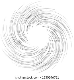 Detailed twirl, spiral element. Whirlpool, whirligig effect. Circular, rotating burst lines. Whirl radial spokes. Coil, twirl abstract shape