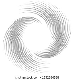 Detailed twirl, spiral element. Whirlpool, whirligig effect. Circular, rotating burst lines. Whirl radial spokes. Coil, twirl abstract shape