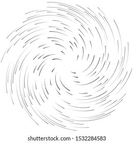 Detailed twirl, spiral element. Whirlpool, whirligig effect. Circular, rotating burst lines. Whirl radial spokes. Coil, twirl abstract shape