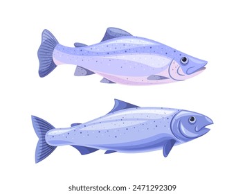 Detailed Two Blue Fishes Isolated On A White Background, Showcasing Marine Life, Cartoon Vector Illustration