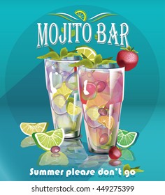 Detailed two glasses of cocktail, ice cubes, lime, Strawberry. Vector illustration. mojito bar.