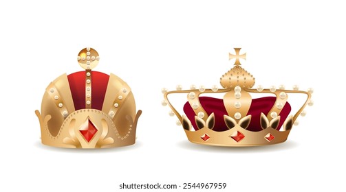 Detalladas Dos Coronas De Oro King O Queen Con Detalles Rojos Y Blancos Que Exhiben Regalías Y Elegancia Para Conceptos De Lujo Y Aristocracia Aislados Sobre Fondo Blanco. Ilustración vectorial 3D realista