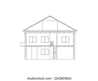 Detailed two-storey building. Cross-section house. Vector black and white blueprint.