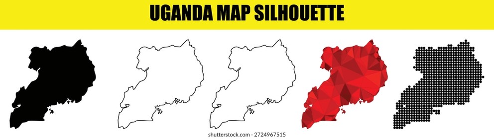 Detailed uganda country map vector illustration set featuring black white outline low poly red geometric mesh and halftone dotted pattern geographic template useful for travel education and digital projects