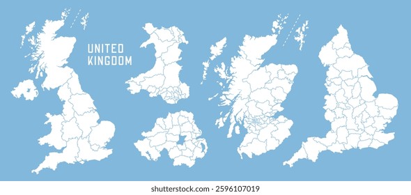 Detailed UK map with regional divisions. United Kingdom map. England, Scotland, Wales, Northern Ireland maps. Vector Great Britain map isolated on blue background.