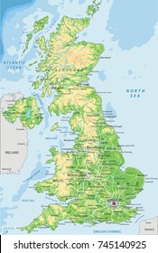 Detailed UK physical map.