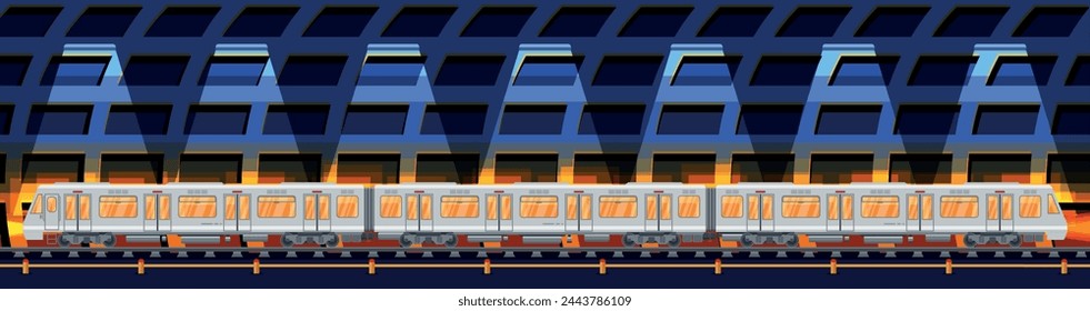 Tren subterráneo detallado en el túnel. Vagón del metro con luces. Metro urbano moderno. Ferrocarril Pasajero Expreso. Transporte público ferroviario. Transporte rápido. Ilustración vectorial plana