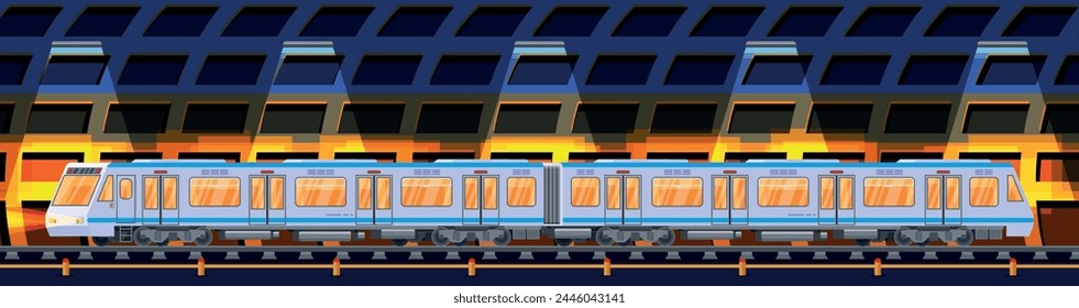 Detailed Underground Train Car in Tunnel. Subway Railway Car with Lights. Modern Urban Metro. Passenger Express Railway. Railroad Public Transportation. Rapid Transport. Flat Vector Illustration