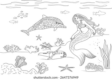 Detailed underwater scene coloring page featuring a graceful mermaid, a playful dolphin with star patterns, various fish, coral reefs, starfish, and hidden treasures on the ocean floor.