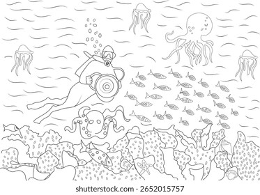 Detailed underwater scene with scuba diver, octopus, fish, and coral reef, ideal for coloring and marine-themed projects.