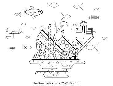 A detailed underwater scene shows a shipwreck surrounded by various fish and vibrant coral formations. The illustration captures the beauty of marine life and a forgotten vessel.