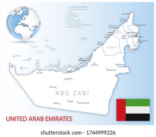 Detailed United Arab Emirates administrative map with country flag and location on a blue globe. Vector illustration