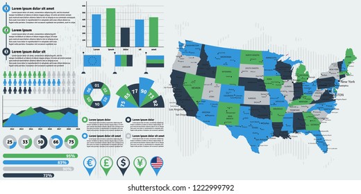 Detailed United States Of America Map With Infographic Elements. Vector Illustration.