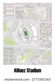 Detailed urban map and architectural layout of Allianz Stadium in Turin, Italy.