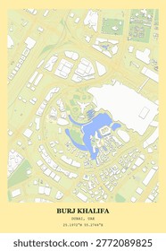 Detailed urban map and architectural layout of the Burj Khalifa and Downtown Dubai, UAE.