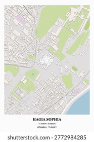Detailed urban map and architectural layout of Hagia Sophia and the Sultanahmet District in Istanbul, Turkey.