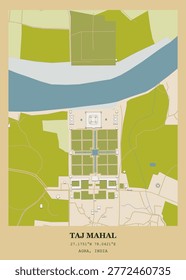 Detailed urban map and architectural site layout of the Taj Mahal in Agra, India.
