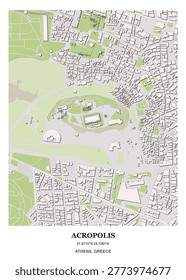 Detailed urban map and architectural site layout of the Acropolis of Athens and surrounding districts in Athens, Greece.