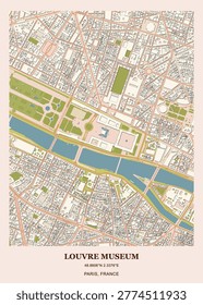 Detailed urban map and architectural site layout of the Louvre Museum in Paris, France.