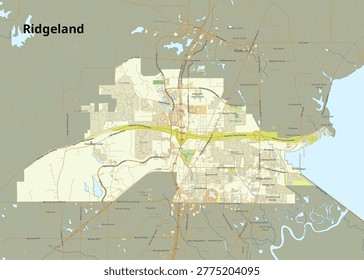 Detailed urban map and geographic layout of Ridgeland, Mississippi, USA.