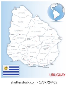 Detailed Uruguay administrative map with country flag and location on a blue globe. Vector illustration