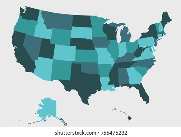 Detailed USA Map on Green Background with Shadows (EPS10 Vector)