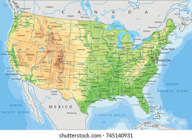 Detailed USA physical map.
