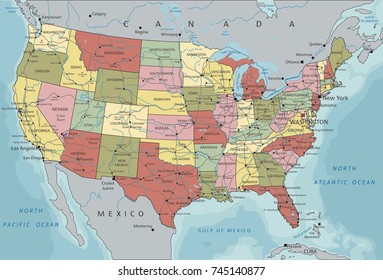 Detailed USA political map.